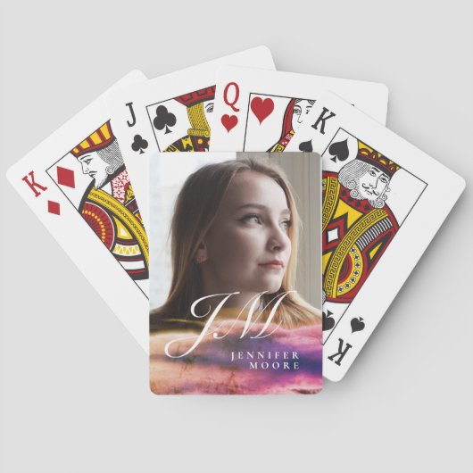 Chic Eigen Paars Blozend Roze Foto Monogram Pokerkaarten (Achterkant)