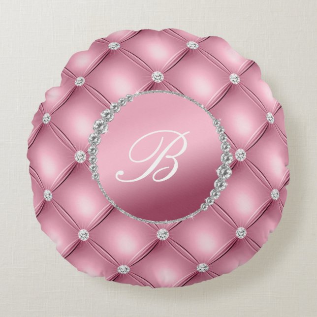 Chic Elegance Pink and Diamonds Monogrammed Rond Kussen (Voorkant)