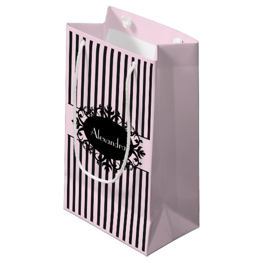 Chic Elegant Black en Pink  Parisian Stripe Klein Cadeauzakje (Voorkant Gekanteld)