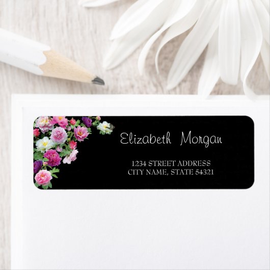 Chic Elegant, Black, Flowers Address Label (Insitu)