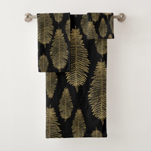 Chic Elegant Black Gold Floral Fern Leaf Pattern Bad Handdoek (Insitu)