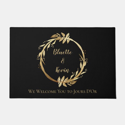 Chic Elegant Black Gold Foliage Wreatmonogram Deurmat (Voorkant)