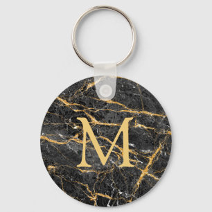 Chic Elegant Black Gold Marble Monogram Sleutelhanger
