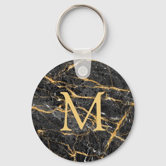 Chic Elegant Black Gold Marble Monogram Sleutelhanger (Voorkant)