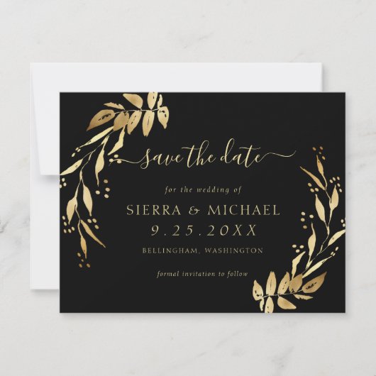 Chic Elegant Black Golden Foliage Save the Date Kaart (Voorkant)