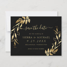 Chic Elegant Black Golden Foliage Save the Date Kaart