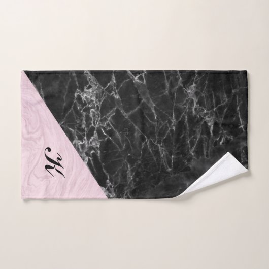 Chic Elegant Black Pink Marble Monogramed Bad Handdoek (Handdoek)