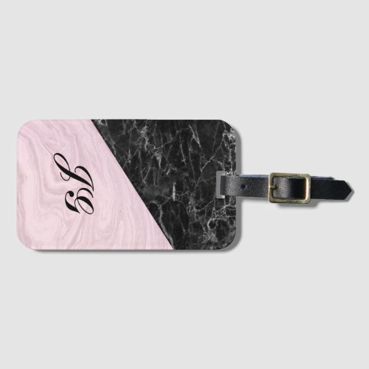 Chic Elegant Black Pink Marble Monogramed Bagagelabel (Voorkant (horizontaal))