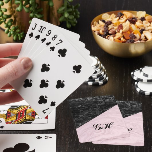 Chic Elegant Black Pink Marble Monogramed Pokerkaarten (Insitu)