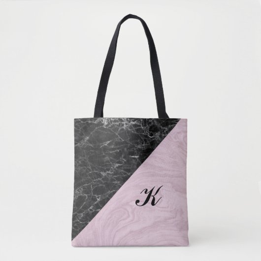 Chic Elegant Black Pink Marble Monogramed Tote Bag (Voorkant)