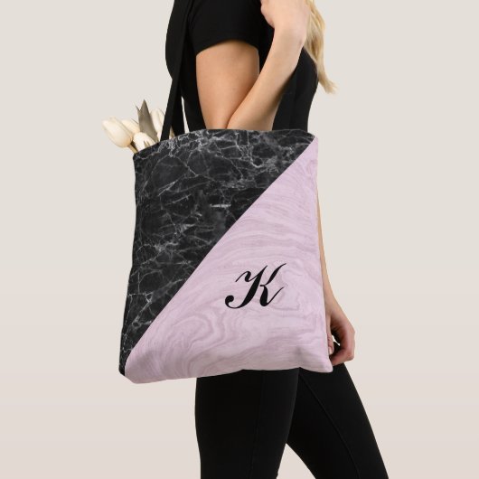 Chic Elegant Black Pink Marble Monogramed Tote Bag (Dichtbij)