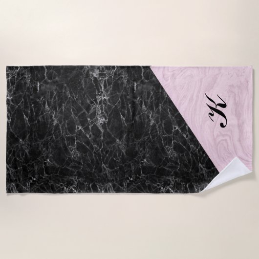 Chic Elegant Black Pink Marble Monogrammed Beach T Strandlaken (Voorkant)