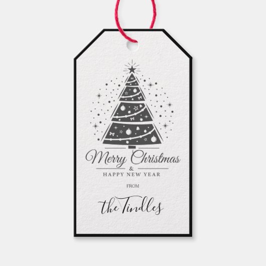 Chic Elegant Black White Script Christmas Tree Cadeaulabel (Voorkant)