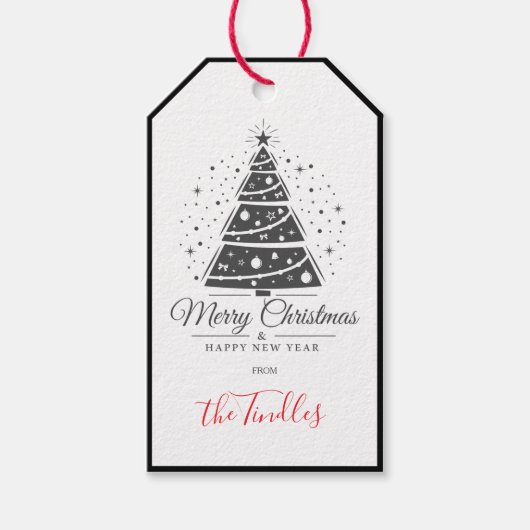 Chic Elegant Black White Script Christmas Tree Cadeaulabel (Voorkant)