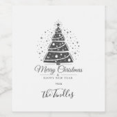 Chic Elegant Black White Script Christmas Tree Wijn Etiket (Enkel label)