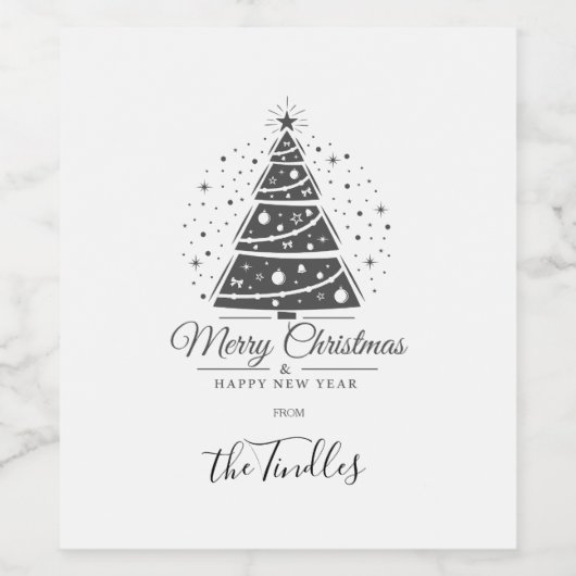 Chic Elegant Black White Script Christmas Tree Wijn Etiket (Enkel label)