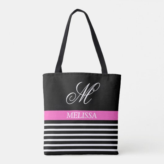 Chic Elegant Black White Stripes met Initiaal Tote Bag (Achterkant)