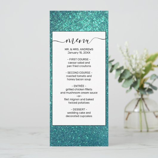 Chic Elegant Blauwgroen Blue Sparkly Glitter Menu (Staand voorkant)