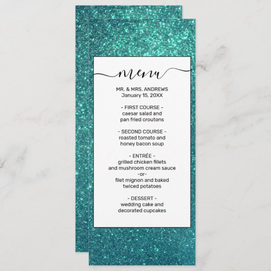 Chic Elegant Blauwgroen Blue Sparkly Glitter Menu (Voorkant / Achterkant)