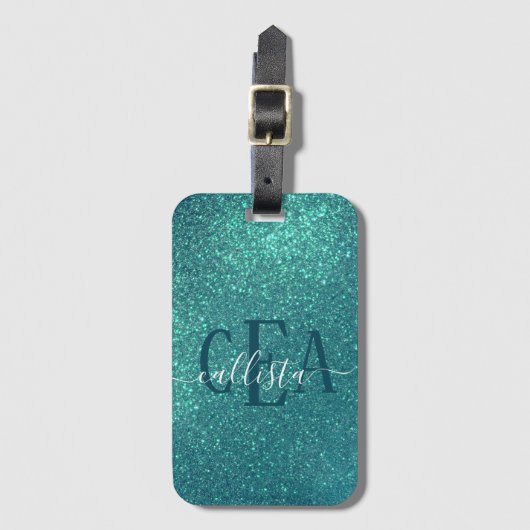 Chic Elegant Blauwgroen Blue Sparkly Glitter Monog Bagagelabel (Voorkant (verticaal))