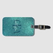Chic Elegant Blauwgroen Blue Sparkly Glitter Monog Bagagelabel (Voorkant (horizontaal))