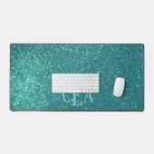 Chic Elegant Blauwgroen Blue Sparkly Glitter Monog Bureaumat (Keyboard & Muis)