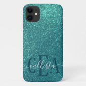 Chic Elegant Blauwgroen Blue Sparkly Glitter Monog Case-Mate iPhone Case (Achterkant)