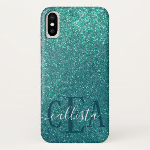 Chic Elegant Blauwgroen Blue Sparkly Glitter Monog Case-Mate iPhone Case
