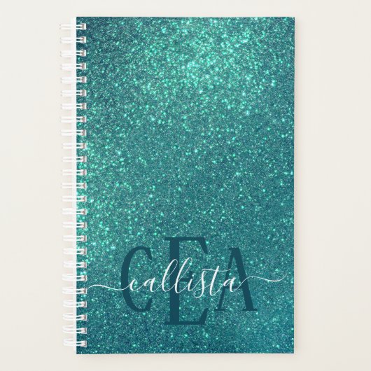 Chic Elegant Blauwgroen Blue Sparkly Glitter Monog Planner (Voorkant)