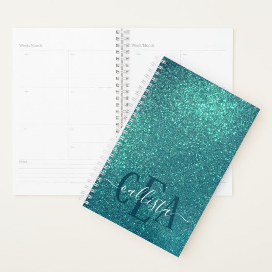 Chic Elegant Blauwgroen Blue Sparkly Glitter Monog Planner (Display)