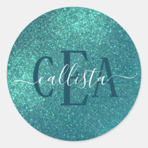 Chic Elegant Blauwgroen Blue Sparkly Glitter Monog Ronde Sticker