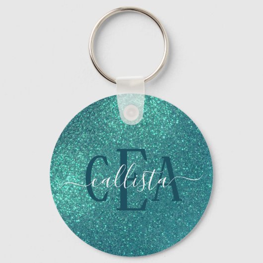Chic Elegant Blauwgroen Blue Sparkly Glitter Monog Sleutelhanger (Voorkant)