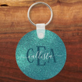 Chic Elegant Blauwgroen Blue Sparkly Glitter Monog Sleutelhanger (Voorkant)