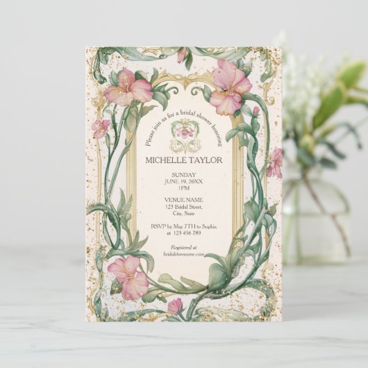 Chic Elegant Bloemen Blush Roze Art Nouveau Kaart (Staand voorkant)