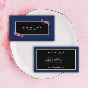 Chic Elegant Blogger Social Media Blue Floral Visitekaartje