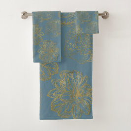 Chic Elegant Blue Gold Line Drawn Flower Pattern Bad Handdoek