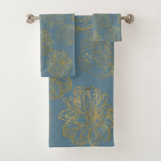 Chic Elegant Blue Gold Line Drawn Flower Pattern Bad Handdoek (Insitu)