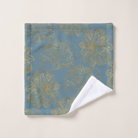Chic Elegant Blue Gold Line Drawn Flower Pattern Bad Handdoek (Wasdoekje)