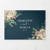 Chic Elegant Blush Bloemen & Navy Tri-Fold Huwelij Drieluik Uitnodiging (Cover)