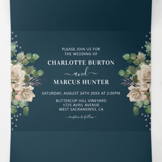 Chic Elegant Blush Bloemen & Navy Tri-Fold Huwelij Drieluik Uitnodiging (Binnenkant midden)