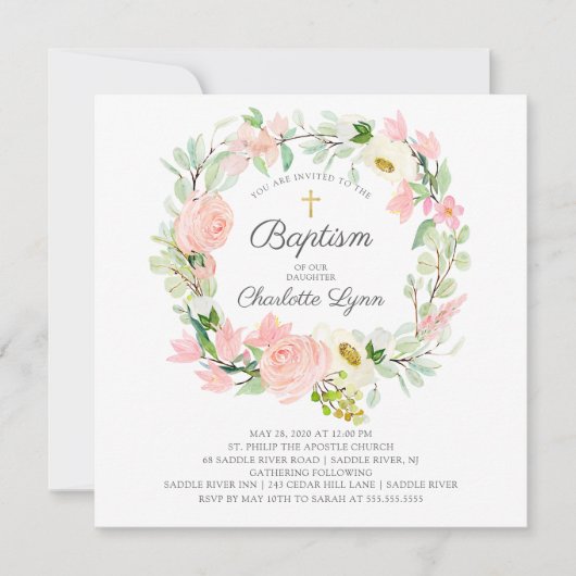 Chic & Elegant Blush Roze Bloemen Doop Kaart (Voorkant)