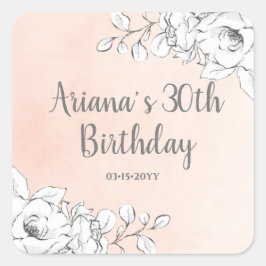 Chic Elegant Blush Roze Witte Bloemen Verjaardag Vierkante Sticker