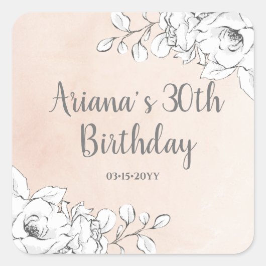 Chic Elegant Blush Roze Witte Bloemen Verjaardag Vierkante Sticker (Voorkant)