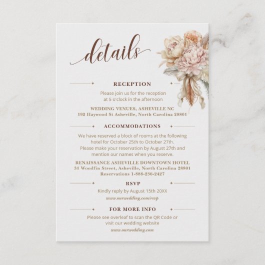 Chic Elegant Boho QR Code Bloemen Trouwdetails Informatiekaartje (Voorkant)