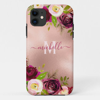 Chic Elegant Bourgogne Blush Roze Bloemen Naam Case-Mate iPhone Case