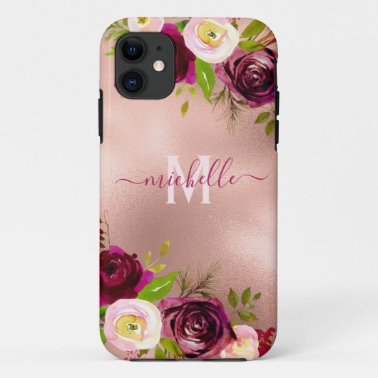 Chic Elegant Bourgogne Blush Roze Bloemen Naam Case-Mate iPhone Case (Achterkant)