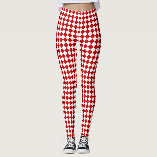 Chic Elegant Bright Red White Diamond Patroon Leggings (Voorkant)