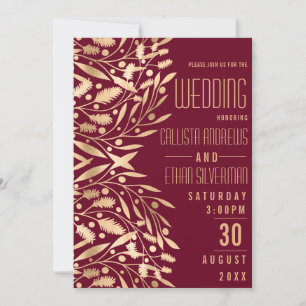 Chic Elegant Burgundy Gold Floral Foliage Wedding Kaart