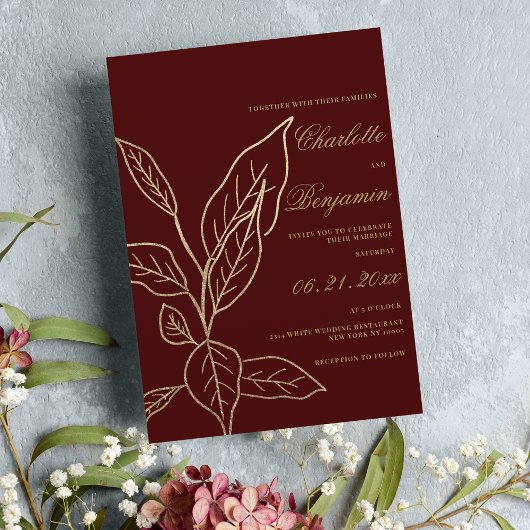 Chic elegant burgundy gold glitter floral bruiloft kaart