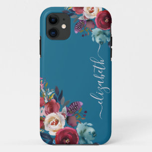 Chic Elegant Burgundy Pink Navy Floral Name Case-Mate iPhone Case